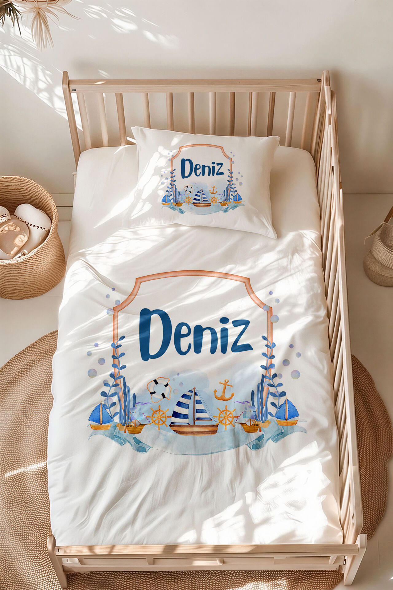 İsme Özel Montessori Yatak Nevresim Takımı Denizci