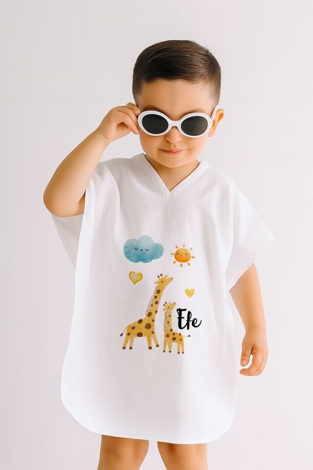 %100 Pamuk Müslin Kapüşonlu Bebek Çocuk Panço Bornoz Zürafa