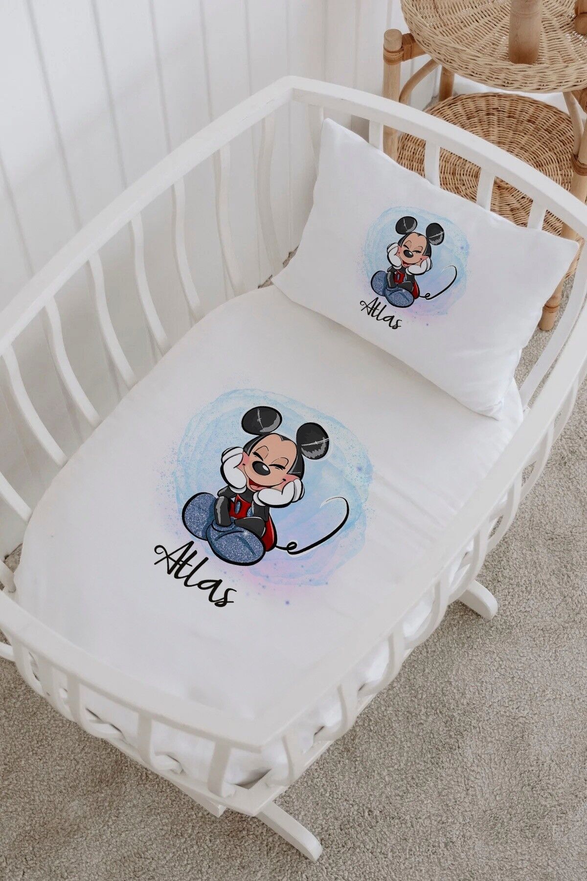 İsme Özel %100 Pamuk Park Yatak Çarşaf Seti  Mavi Mickey