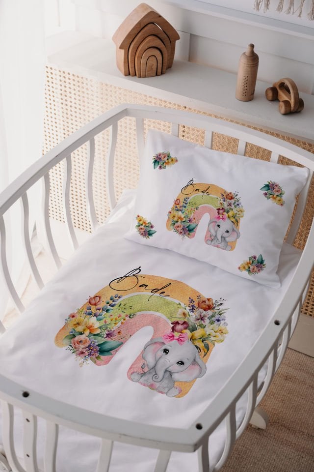 %100 Delux Pamuk İsme Özel 60x100 Anne Yanı Beşik Nevresim Takımı Fil