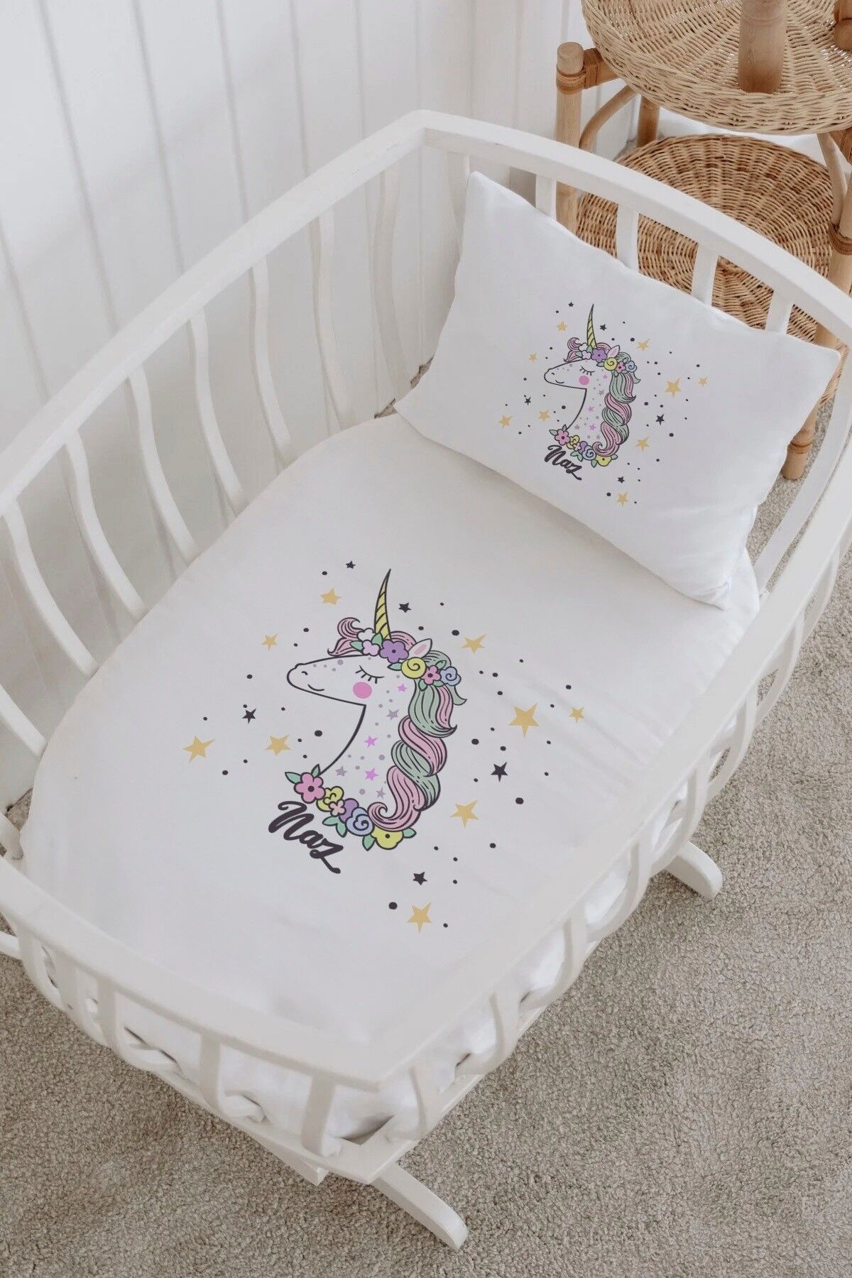 İsme Özel %100 Pamuk Park Yatak Çarşaf Seti  Renkli Unicorn