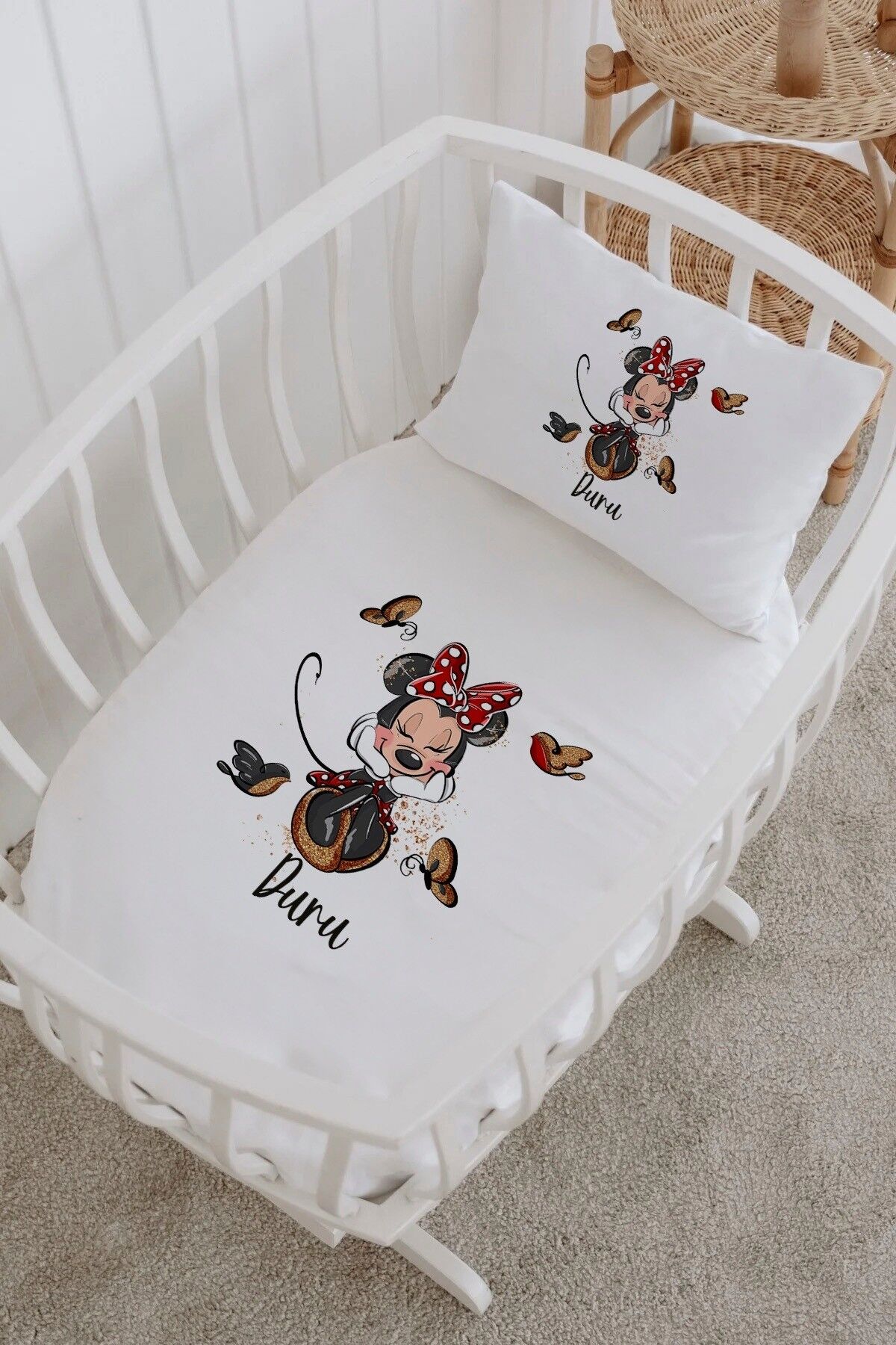 İsme Özel %100 Pamuk Park Yatak Çarşaf Seti  Kuşlu Minnie