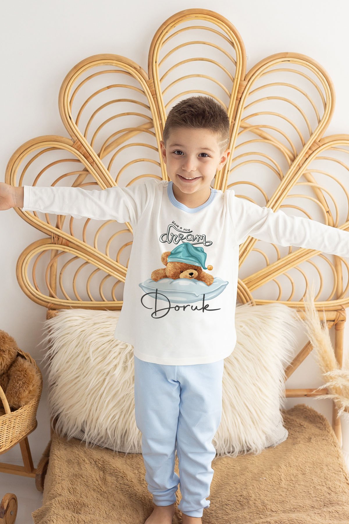 İsme Özel Erkek Çocuk Pijama Takımı %100 Organik Pamuk Mavi - 9-10 Yaş