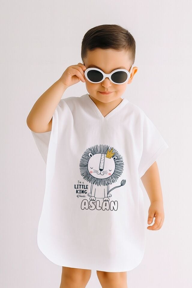 %100 Pamuk Müslin Kapüşonlu Bebek Çocuk Panço Bornoz Aslan