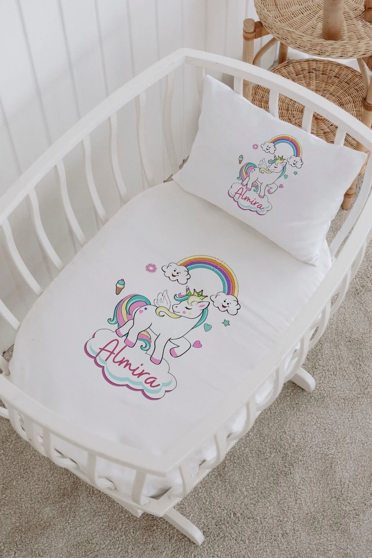 İsme Özel %100 Pamuk Park Yatak Çarşaf Seti  Gökkuşağı Unicorn
