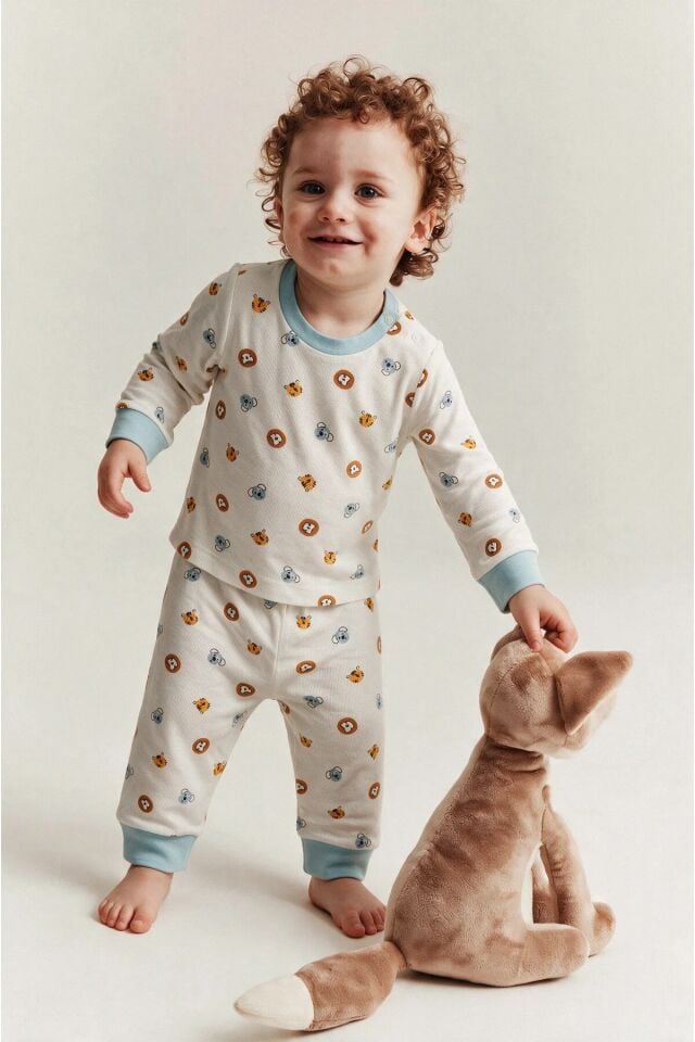 %100 Pamuk Erkek Bebek Çocuk Pijama Takımı Animal