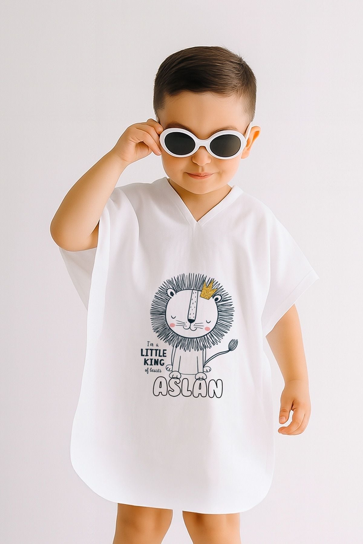 %100 Pamuk Müslin Kapüşonlu Bebek Çocuk Panço Bornoz Aslan 3-4 Yaş - Krem