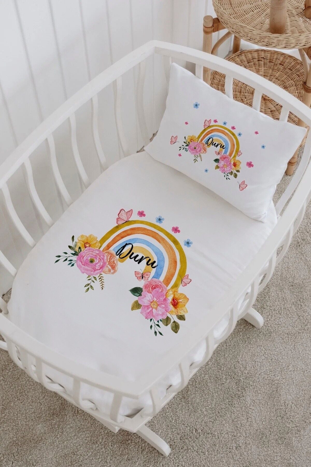 İsme Özel %100 Pamuk Park Yatak Çarşaf Seti  Çiçekli Gökkuşağı