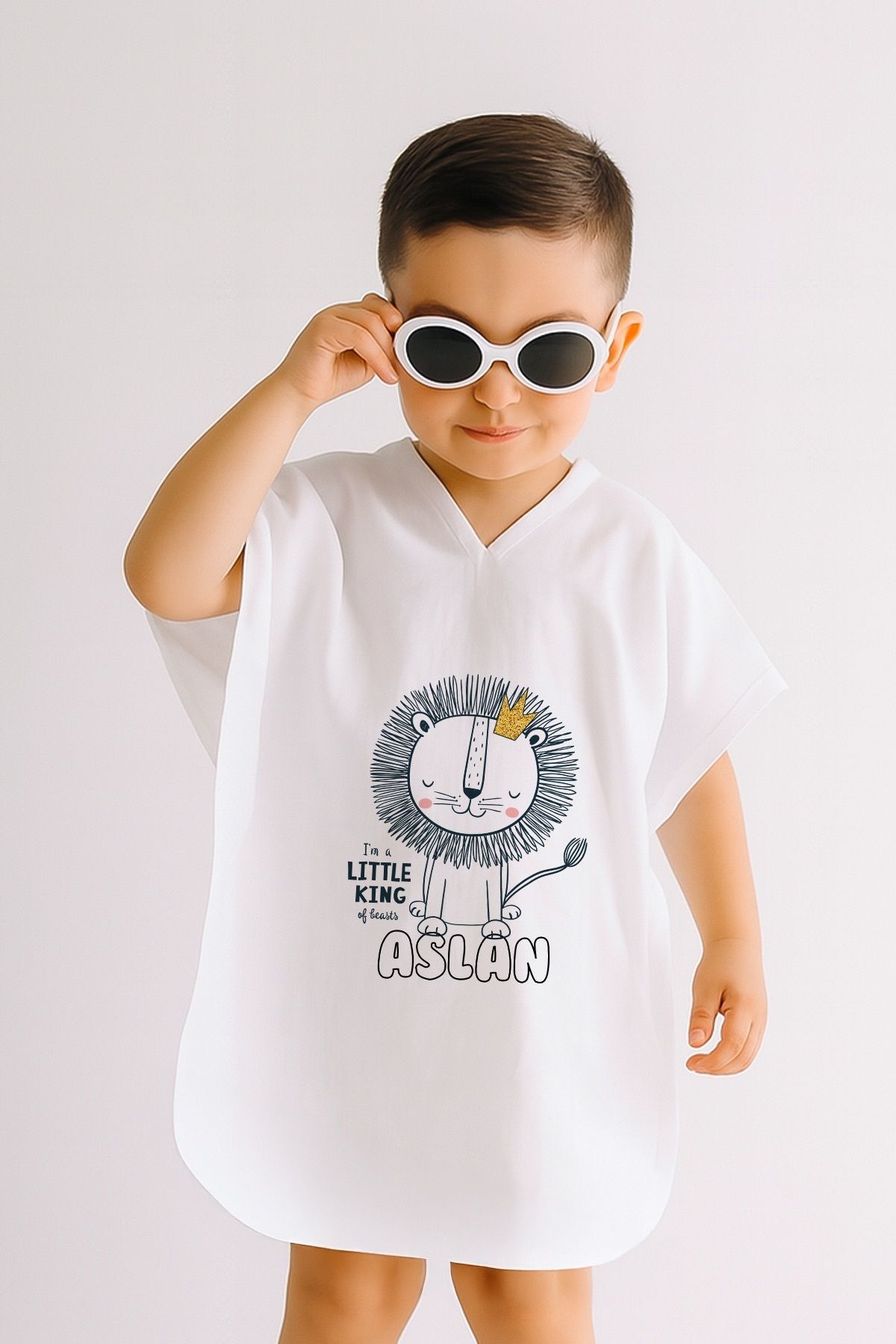 %100 Pamuk Müslin Kapüşonlu Bebek Çocuk Panço Bornoz Aslan 1-2 Yaş - Krem
