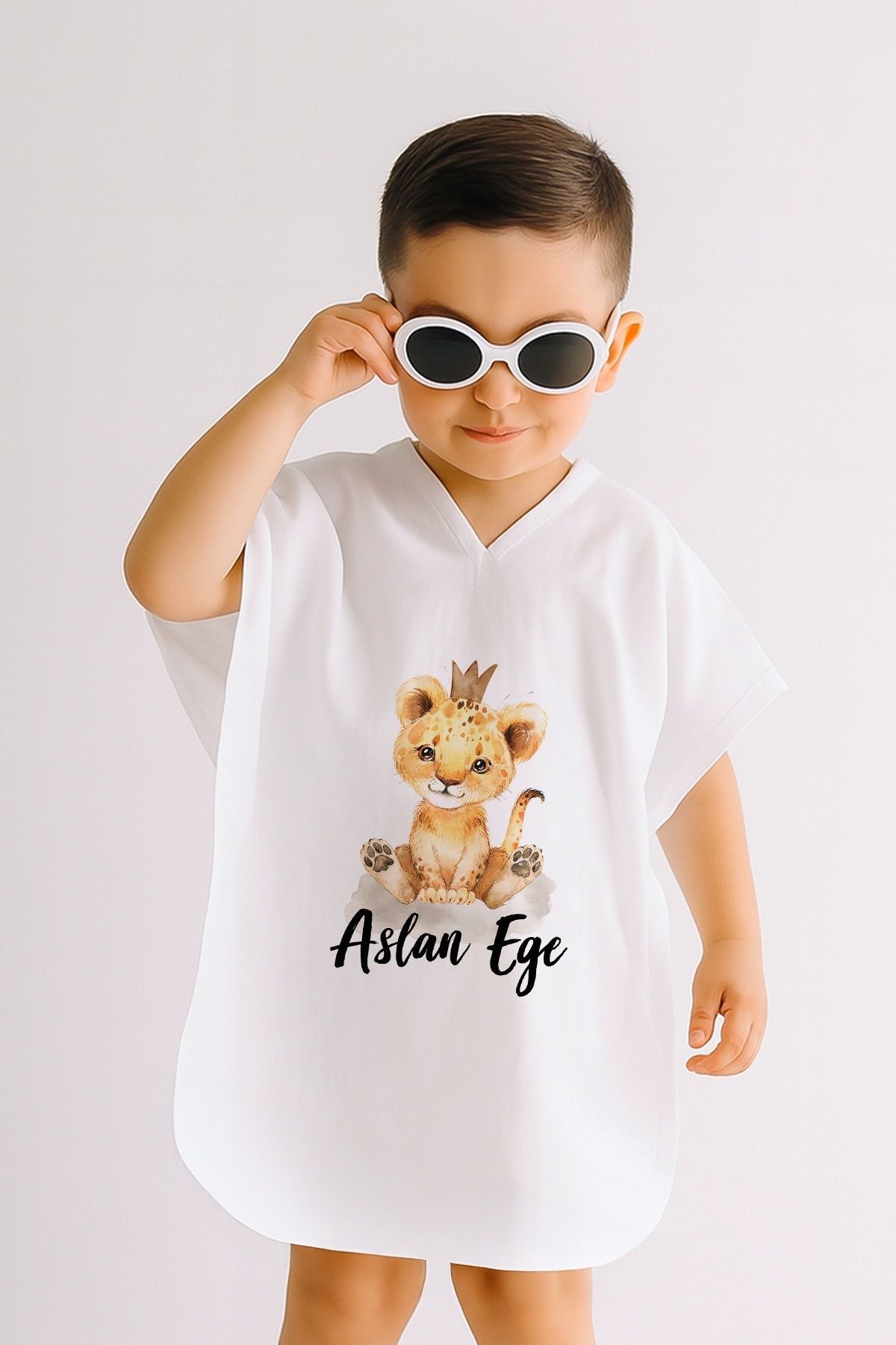 %100 Pamuk Müslin Kapüşonlu Bebek Çocuk Panço Bornoz Aslan