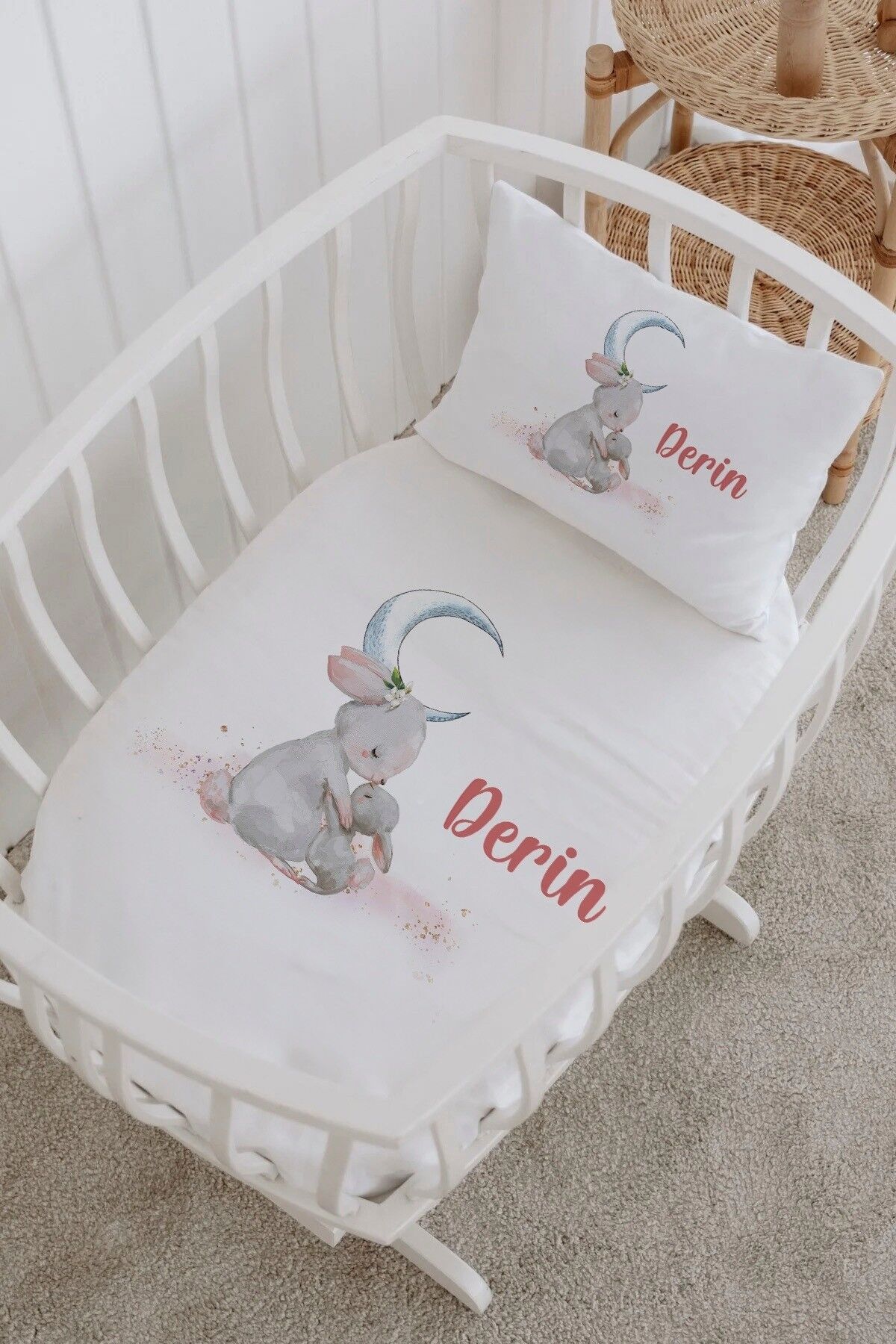 İsme Özel %100 Pamuk Park Yatak Çarşaf Seti  Anneyavru Tavşan