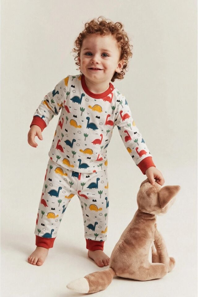 %100 Pamuk Erkek Bebek Çocuk Pijama Takımı Dinazor