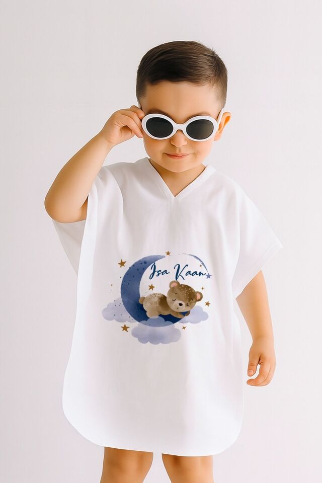 %100 Pamuk Müslin Kapüşonlu Bebek Çocuk Panço Bornoz Ayıcık