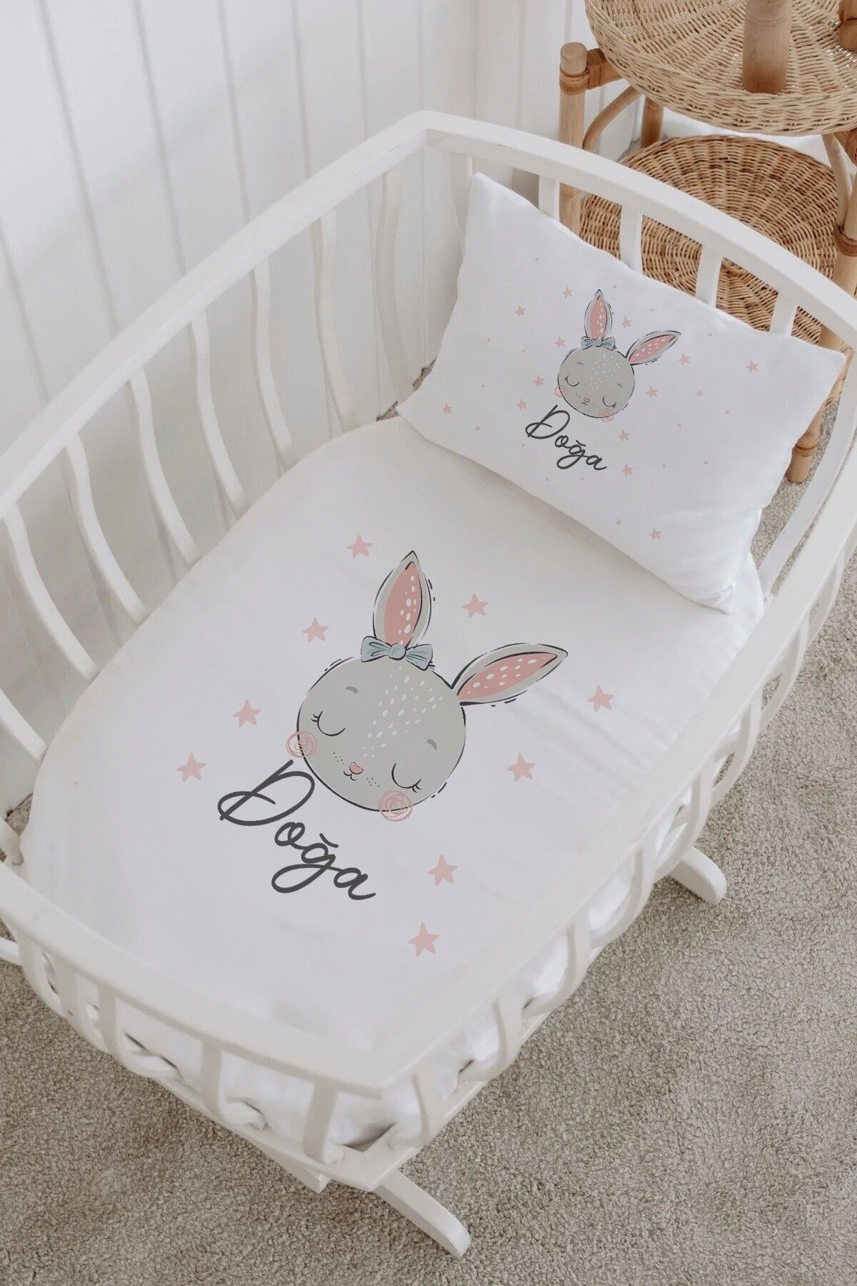 İsme Özel %100 Pamuk Park Yatak Çarşaf Seti  Gri Tavşan