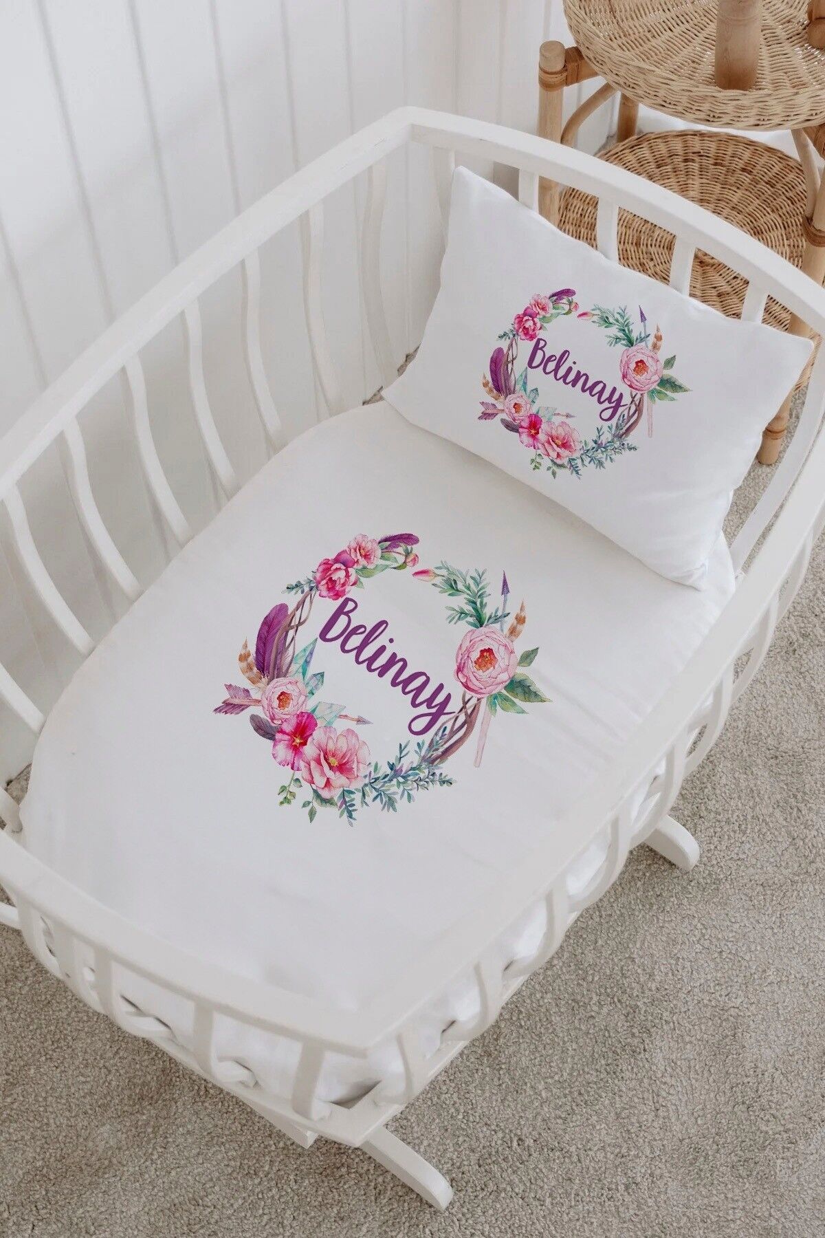 İsme Özel %100 Pamuk Park Yatak Çarşaf Seti  Mor Çelenk