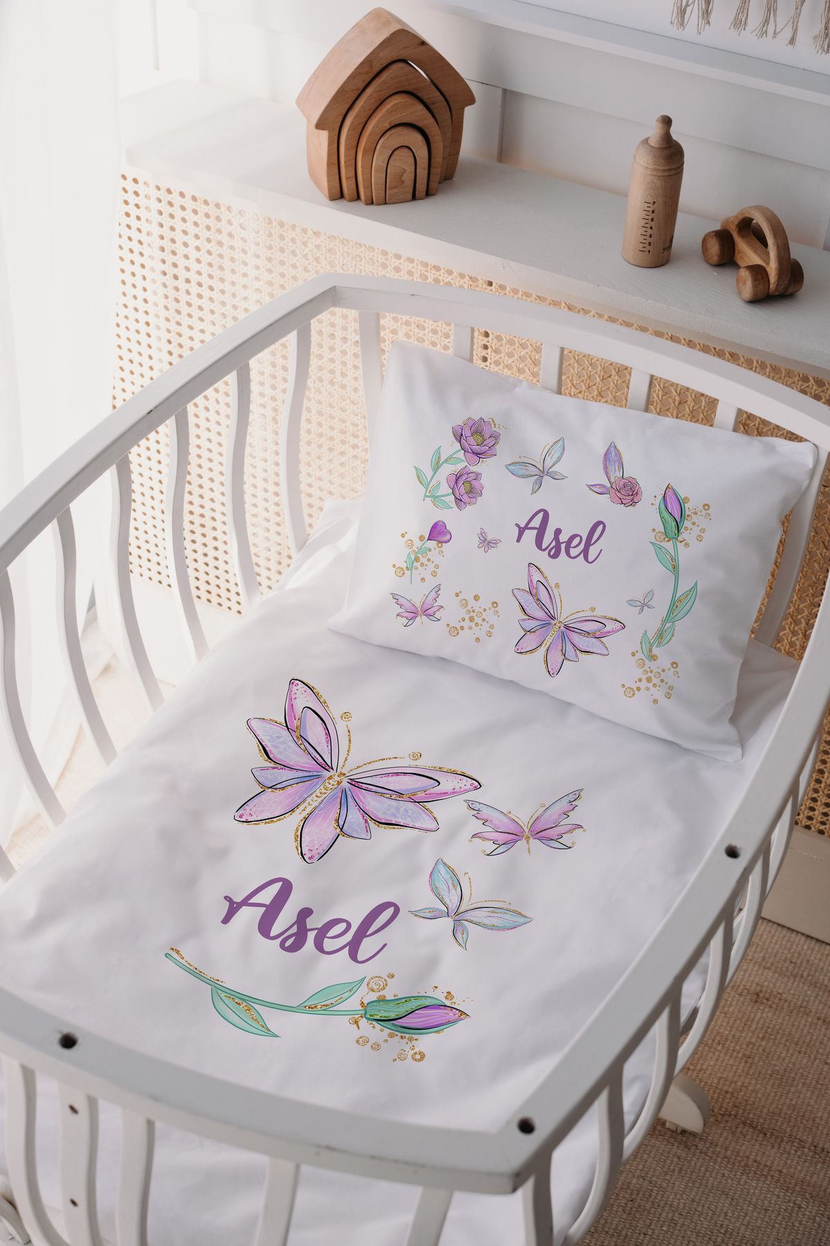 %100 Pamuk Saten Anne Yani Beşik Nevresim Takımı Kelebek