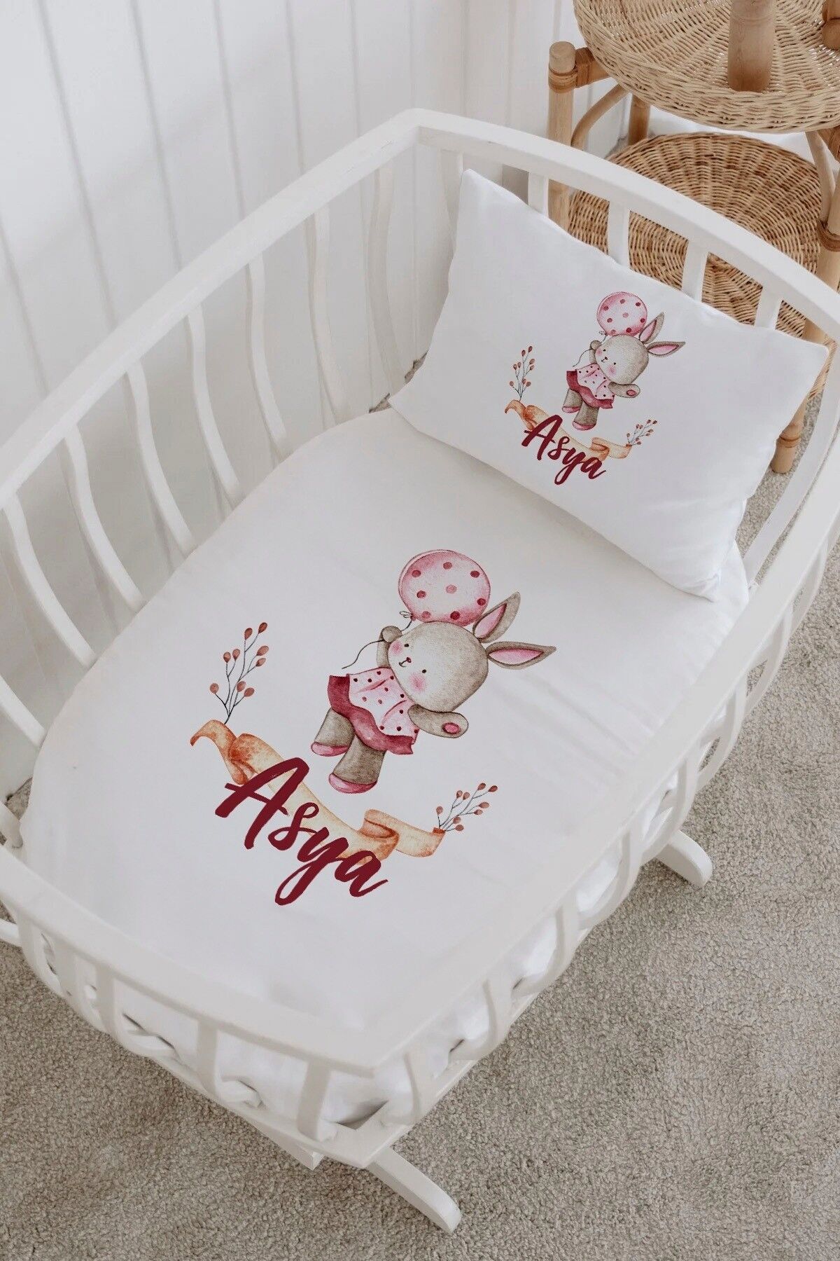 İsme Özel %100 Pamuk Park Yatak Çarşaf Seti  Flama Tavşan