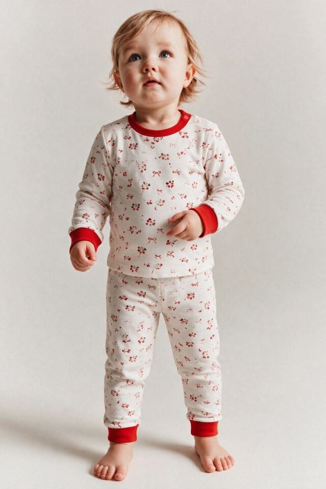 %100 Pamuk Erkek Bebek Çocuk Pijama Takımı Çicek