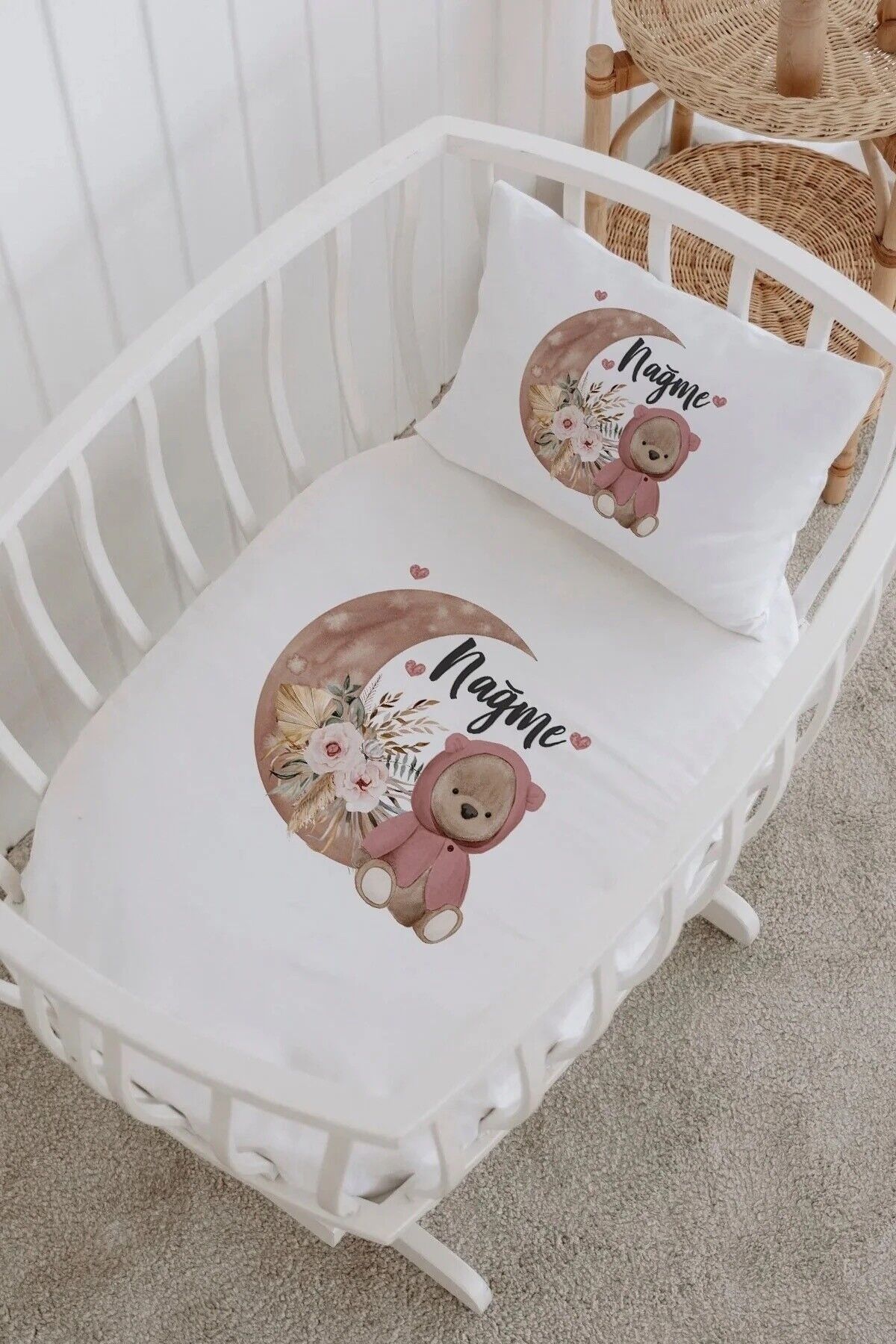 İsme Özel %100 Pamuk Park Yatak Çarşaf Seti  Kapşonlu Ayıcık