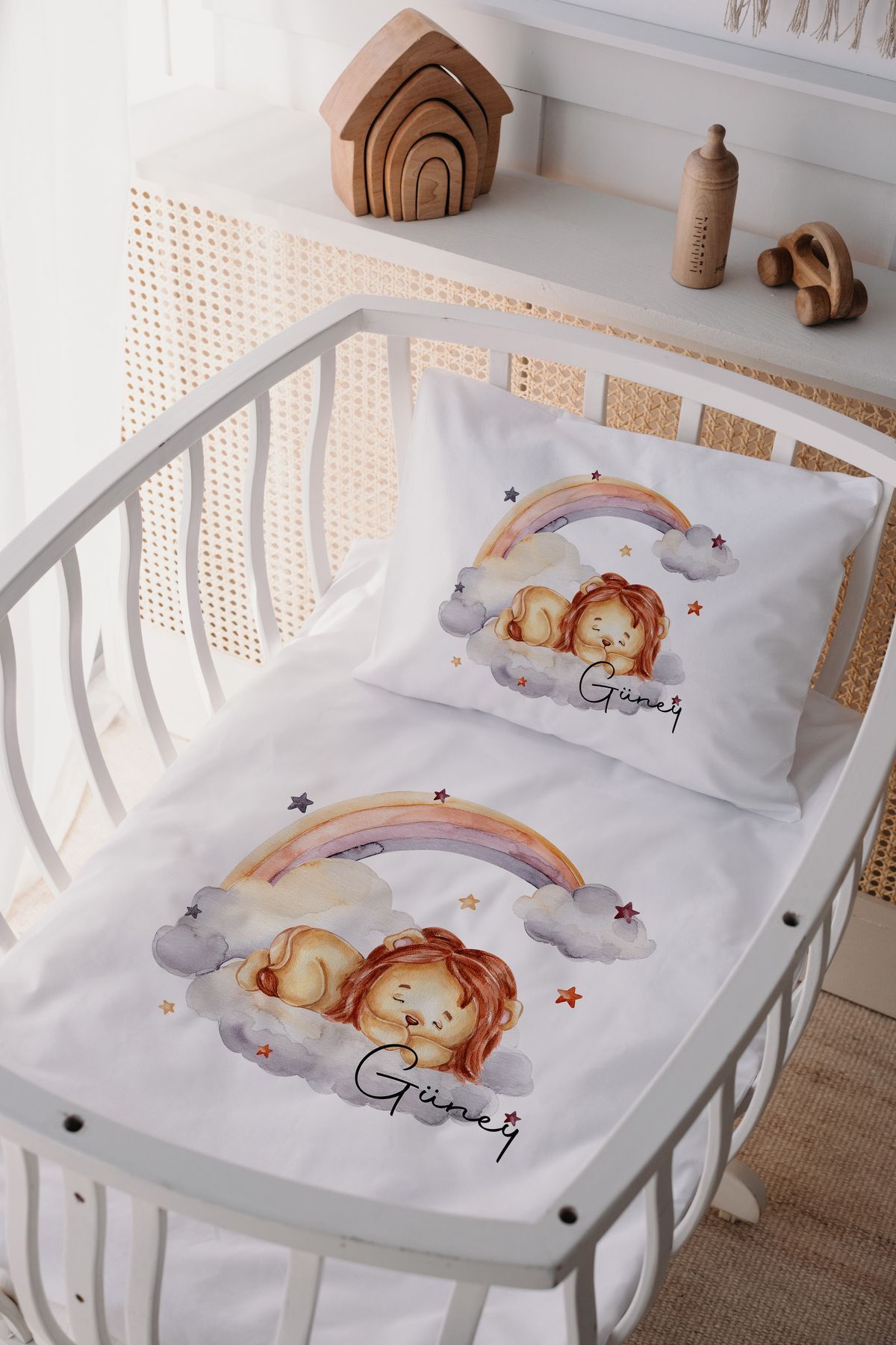 %100 Pamuk Saten Anne Yani Beşik Nevresim Takımı Aslan