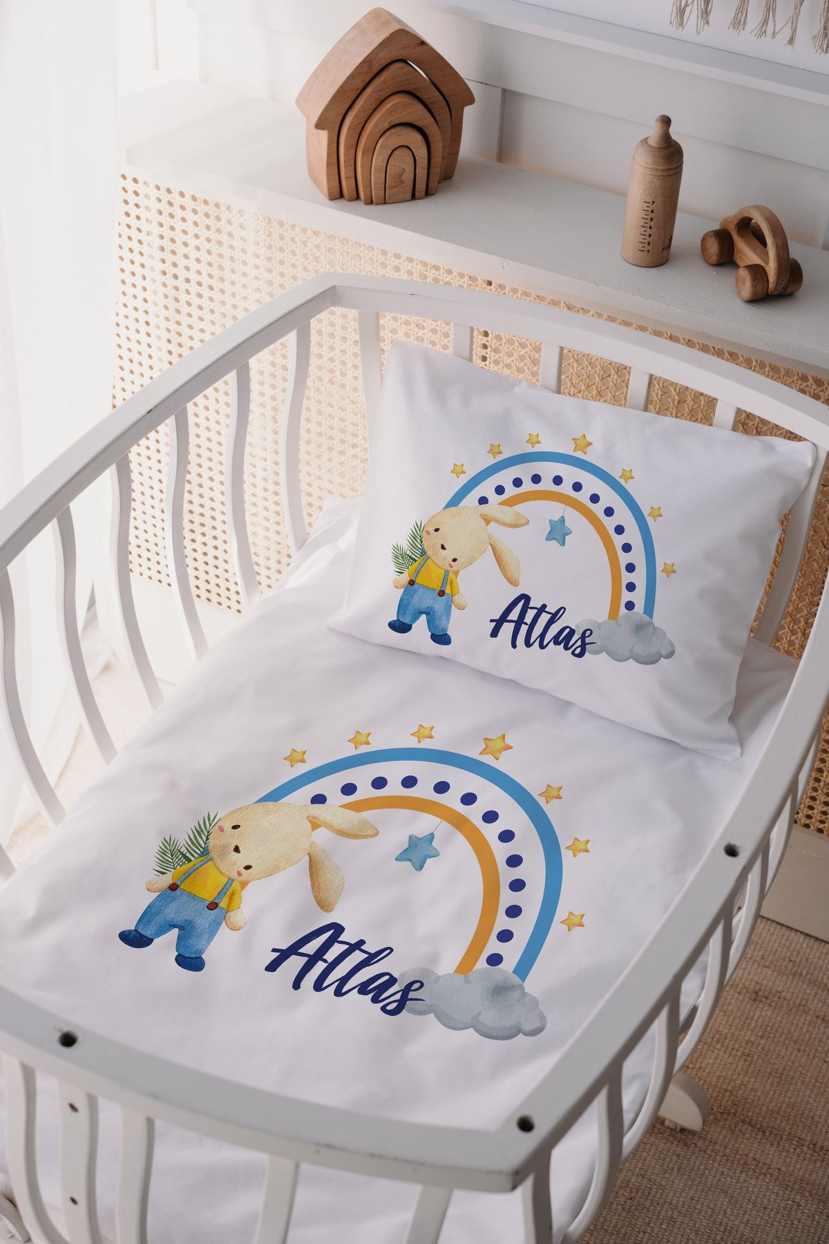 %100 Pamuk Saten Anne Yani Beşik Nevresim Takımı Tavşan