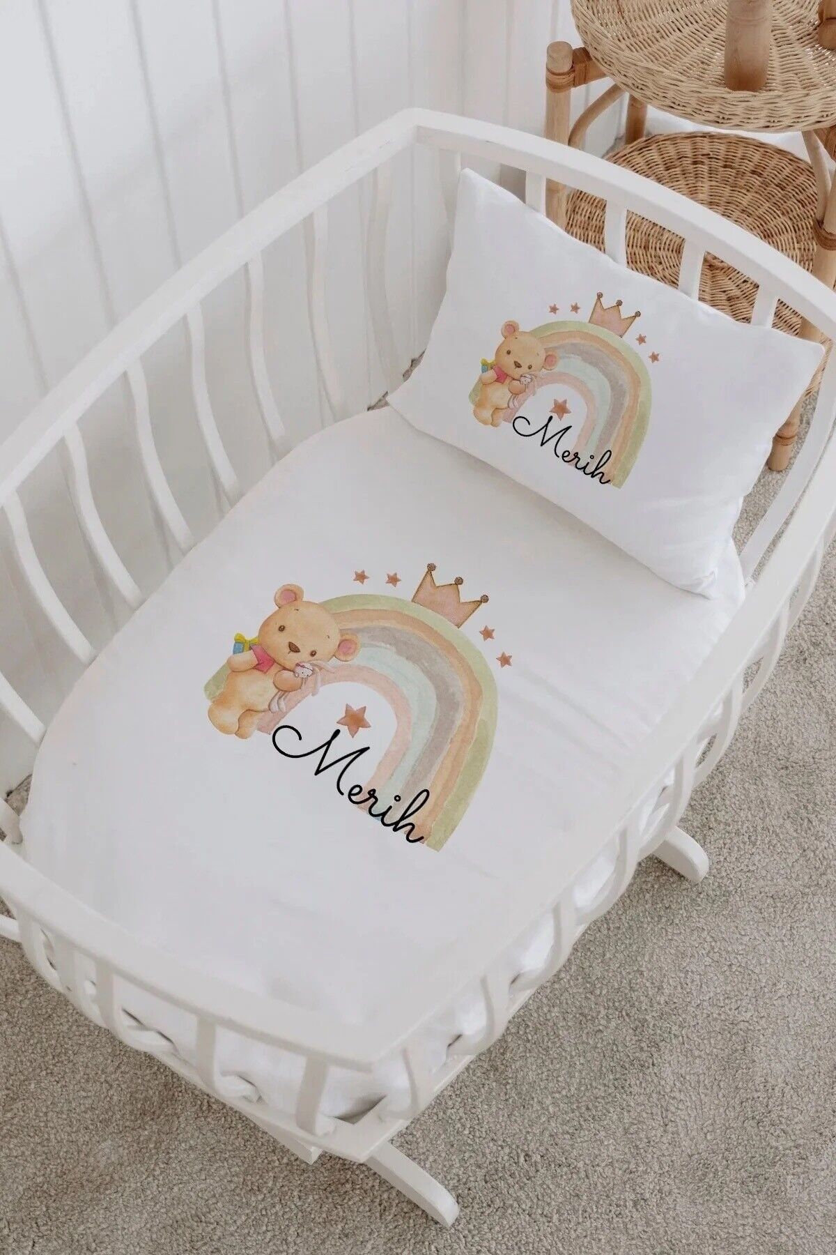 İsme Özel %100 Pamuk Park Yatak Çarşaf Seti  Gökkuşağı Ayıcık