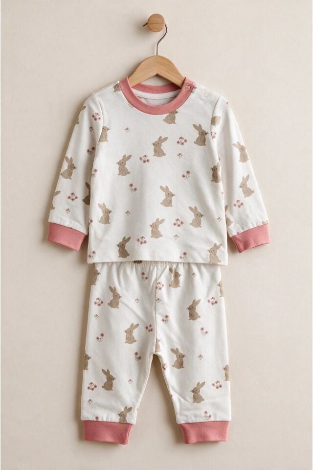 %100 Pamuk Erkek Bebek Çocuk Pijama Takımı Tavşan