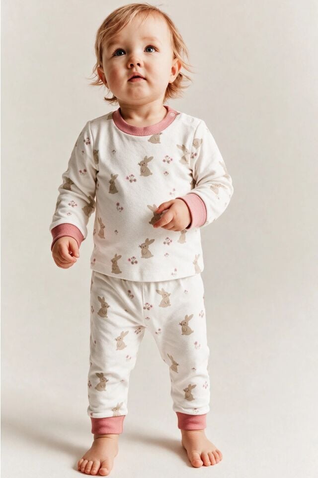 %100 Pamuk Erkek Bebek Çocuk Pijama Takımı Tavşan