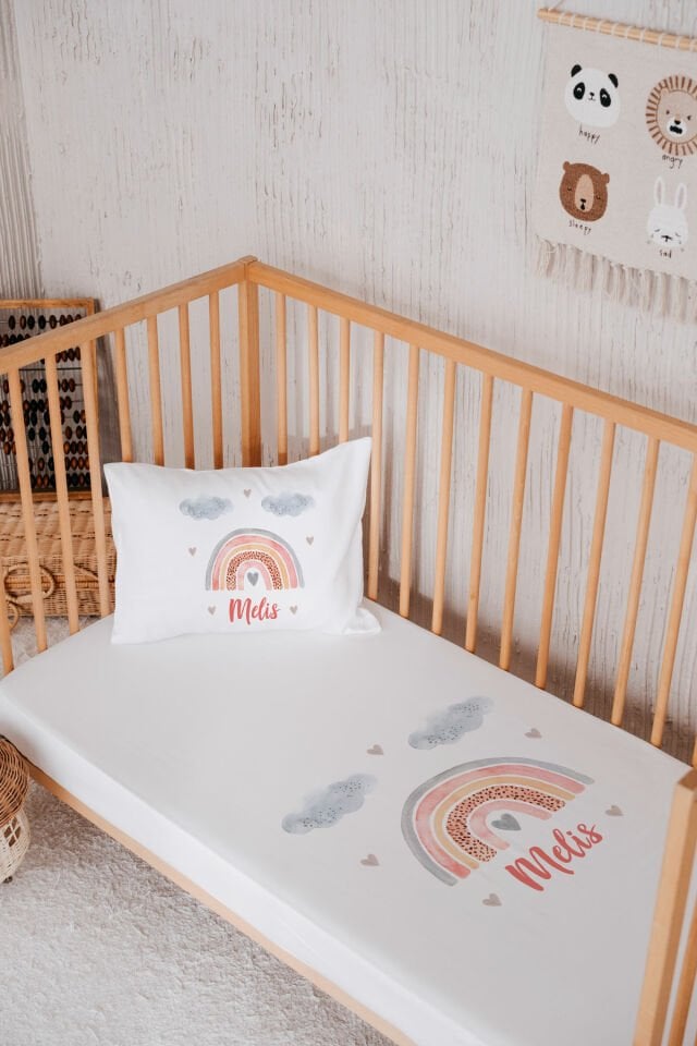 %100 Pamuk İsme Özel Park Yatak Çarşaf Seti (120x180) Gökkuşağı