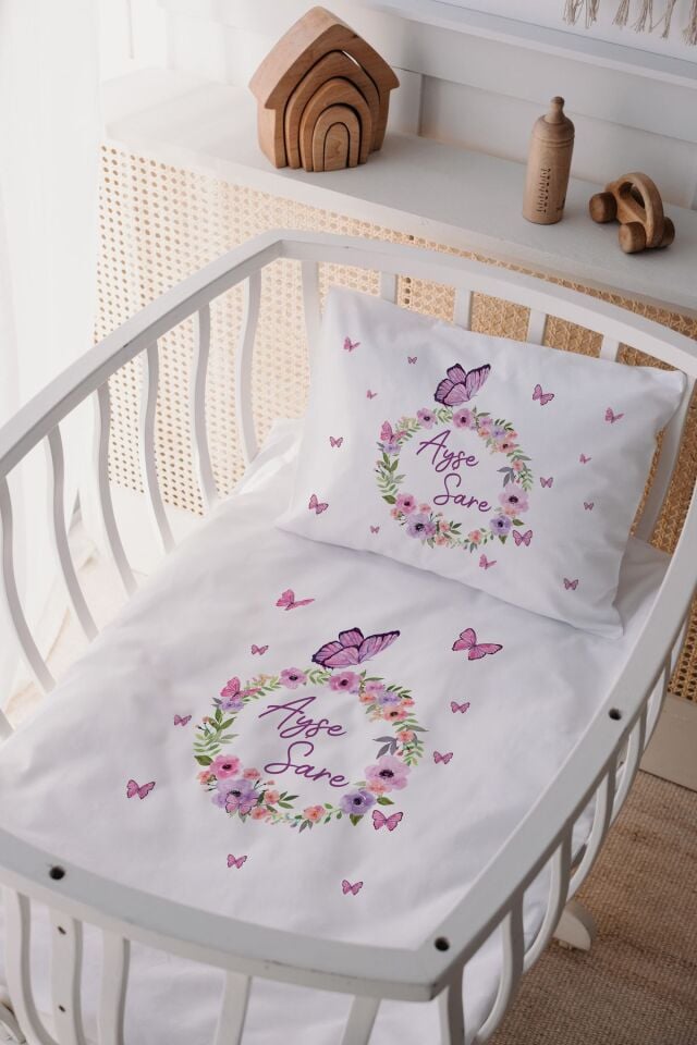 %100 Pamuk Saten Anne Yani Beşik Nevresim Takımı Çember Kelebek