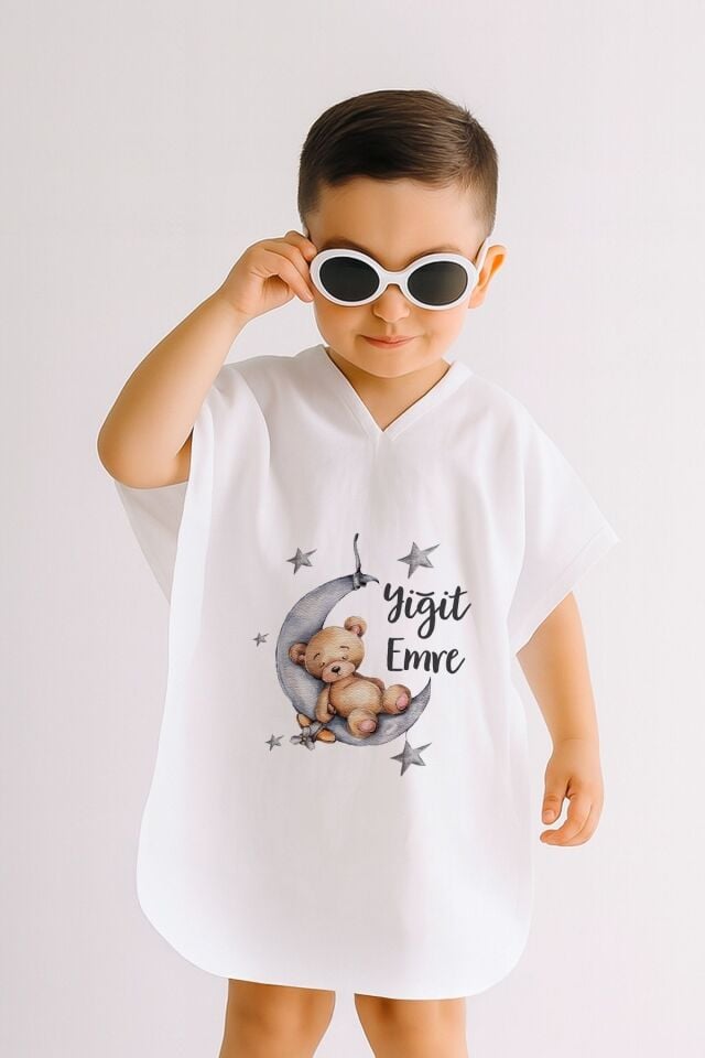 %100 Pamuk Müslin Kapüşonlu Bebek Çocuk Panço Bornoz Ayıcık