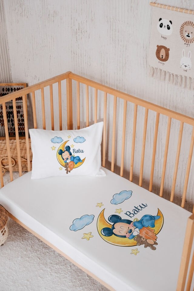 %100 Pamuk İsme Özel Park Yatak Çarşaf Seti (120x180) Mickey