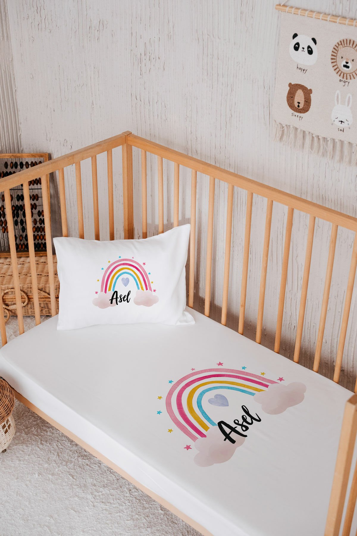 %100 Pamuk İsme Özel Park Yatak Çarşaf Seti (120x180) Gökkuşağı