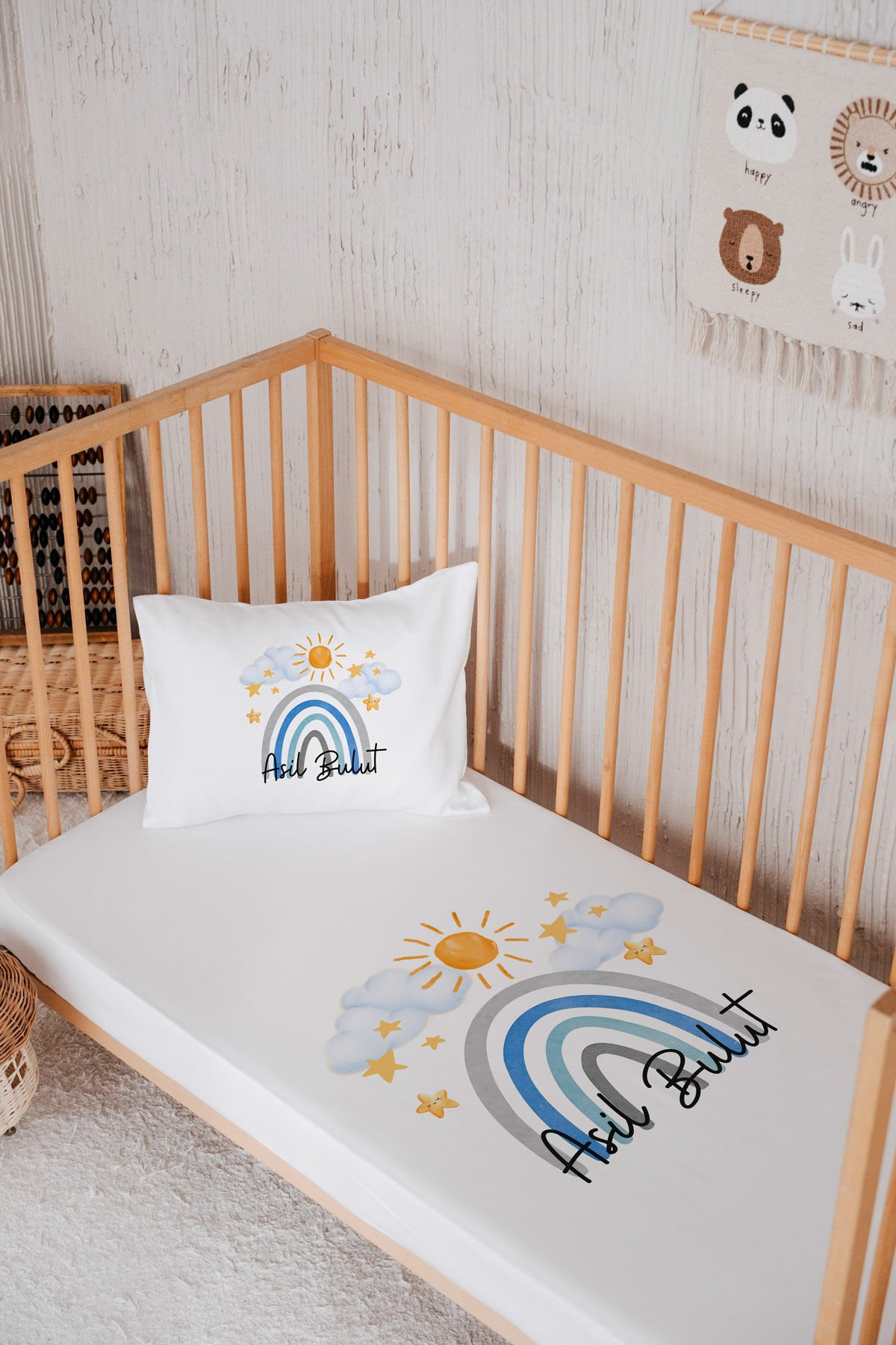 %100 Pamuk İsme Özel Park Yatak Çarşaf Seti (120x180) Gökkuşağı
