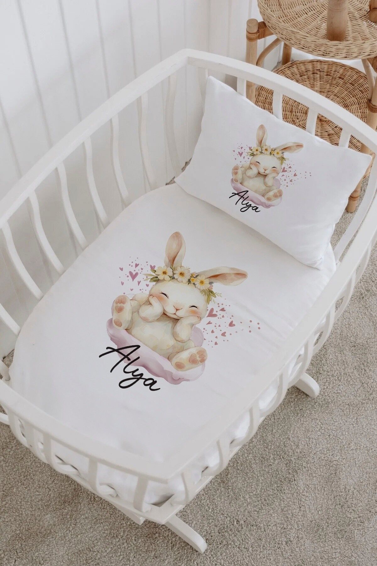 İsme Özel %100 Pamuk Park Yatak Çarşaf Seti  Bulutta Tavşan