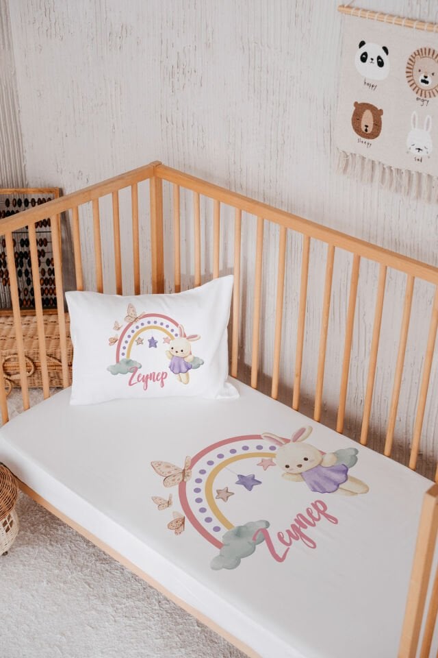 %100 Pamuk İsme Özel Park Yatak Çarşaf Seti (120x180) Tavşan