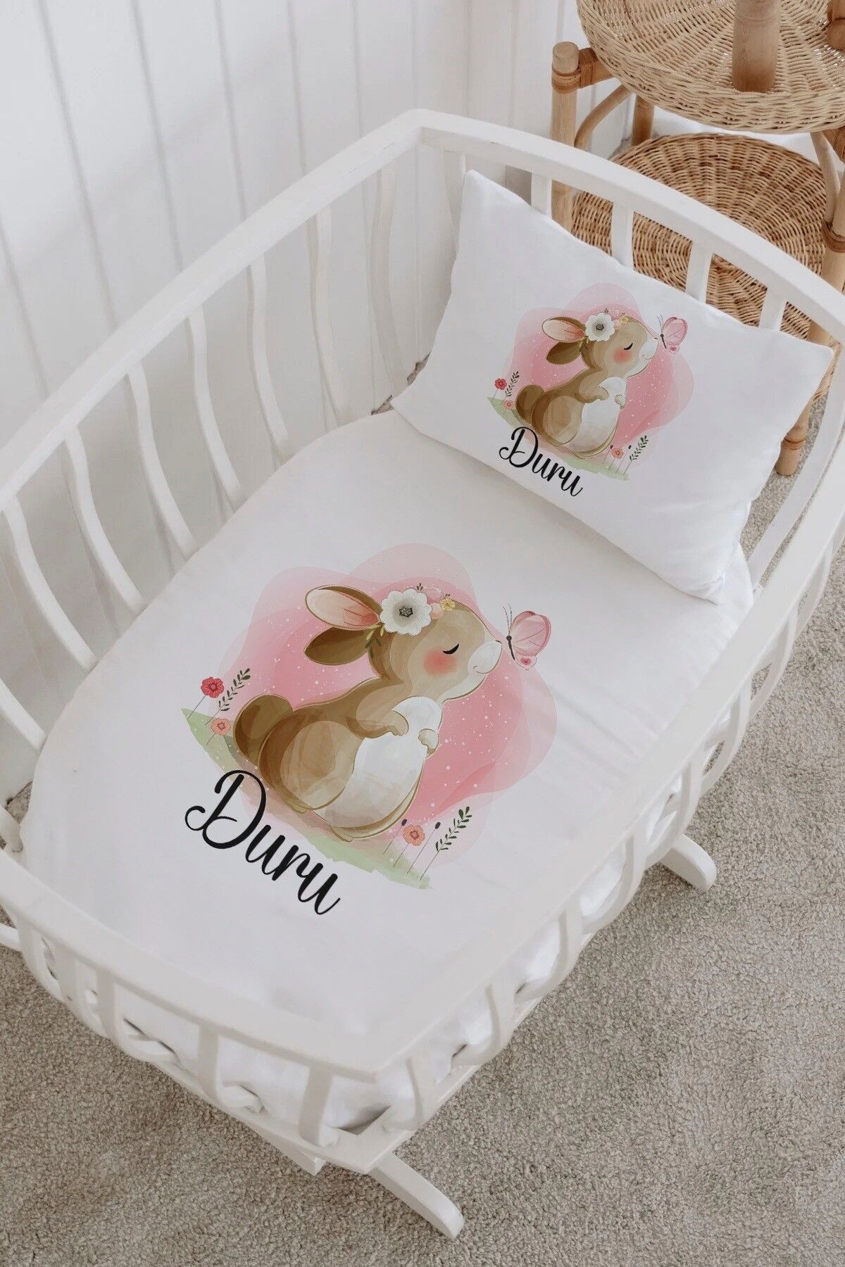 İsme Özel %100 Pamuk Park Yatak Çarşaf Seti  Kelebek Tavşan