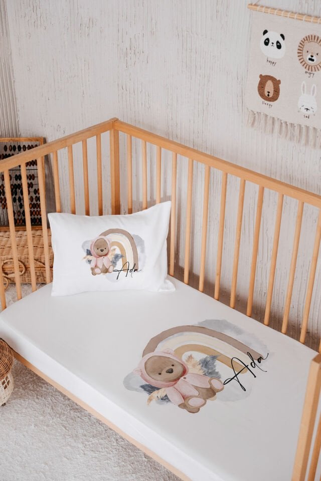 %100 Pamuk İsme Özel Park Yatak Çarşaf Seti (120x180) Ayıcık