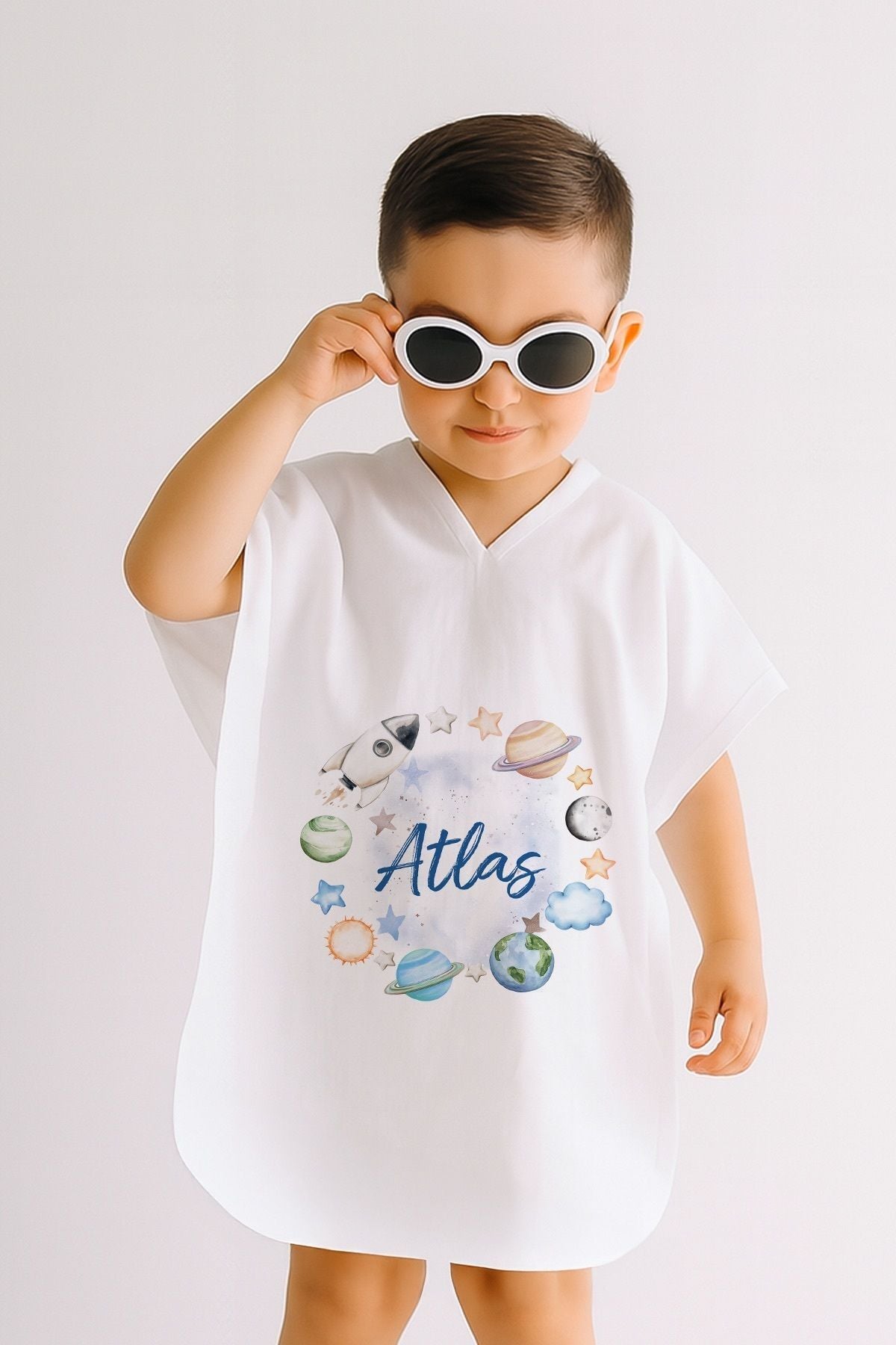 %100 Pamuk Müslin Kapüşonlu Bebek Çocuk Panço Bornoz Gezegenler