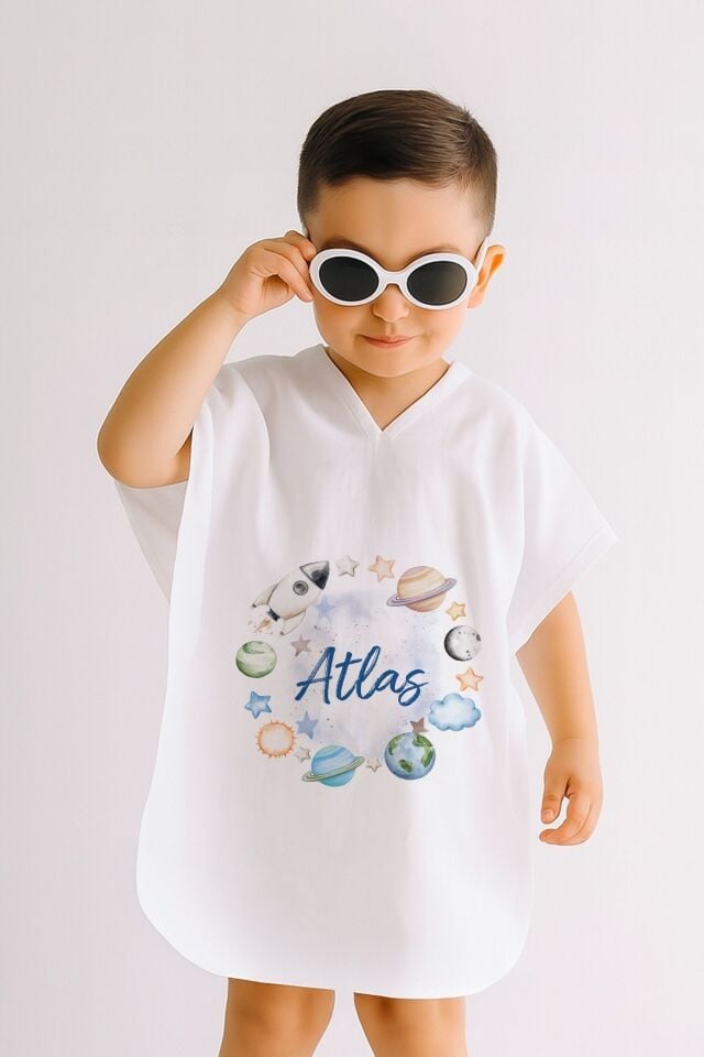 %100 Pamuk Müslin Kapüşonlu Bebek Çocuk Panço Bornoz Gezegenler