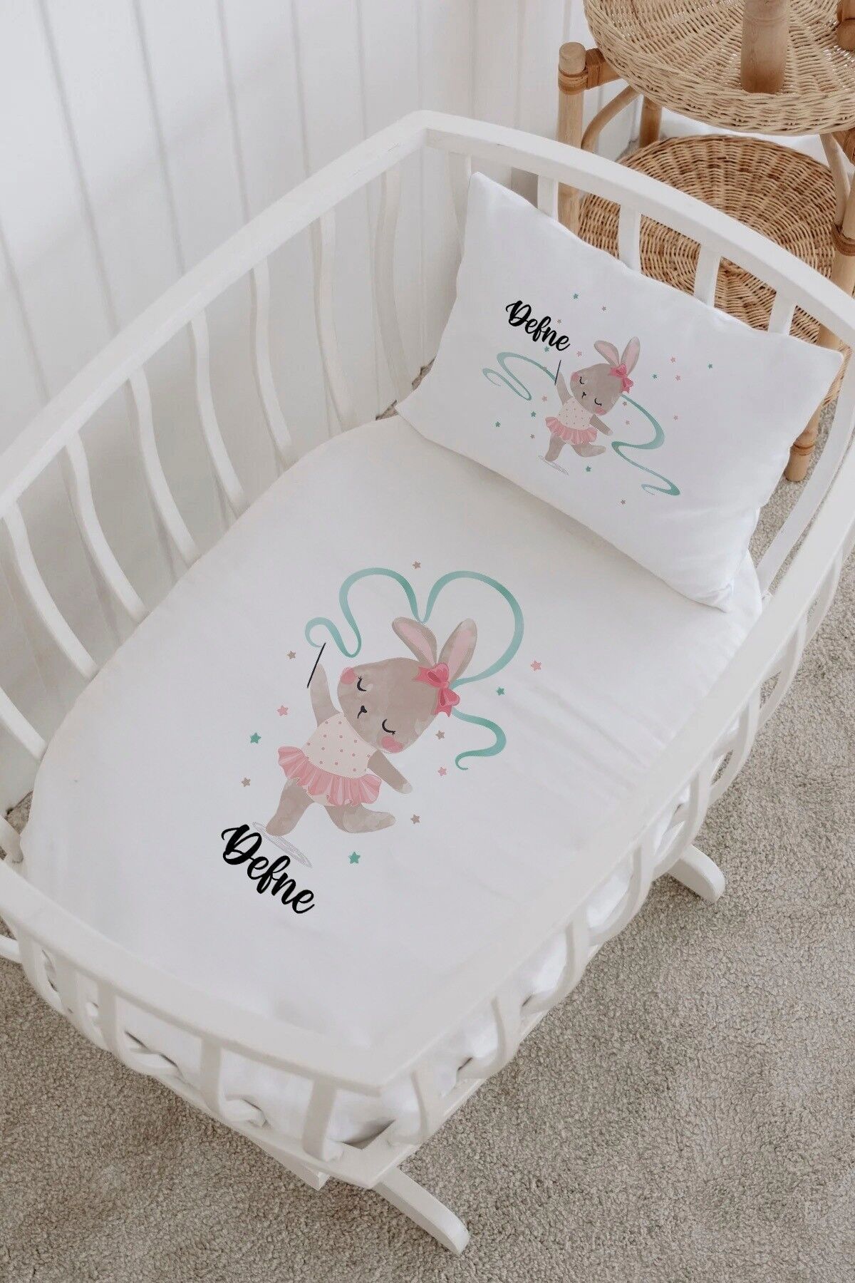 İsme Özel %100 Pamuk Park Yatak Çarşaf Seti Tütülü Tavşan