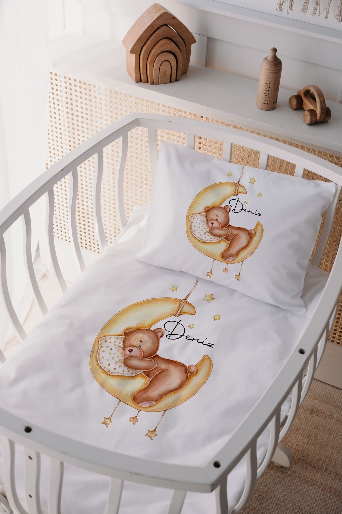 %100 Pamuk Saten Anne Yani Beşik Nevresim Takımı Ayıcık