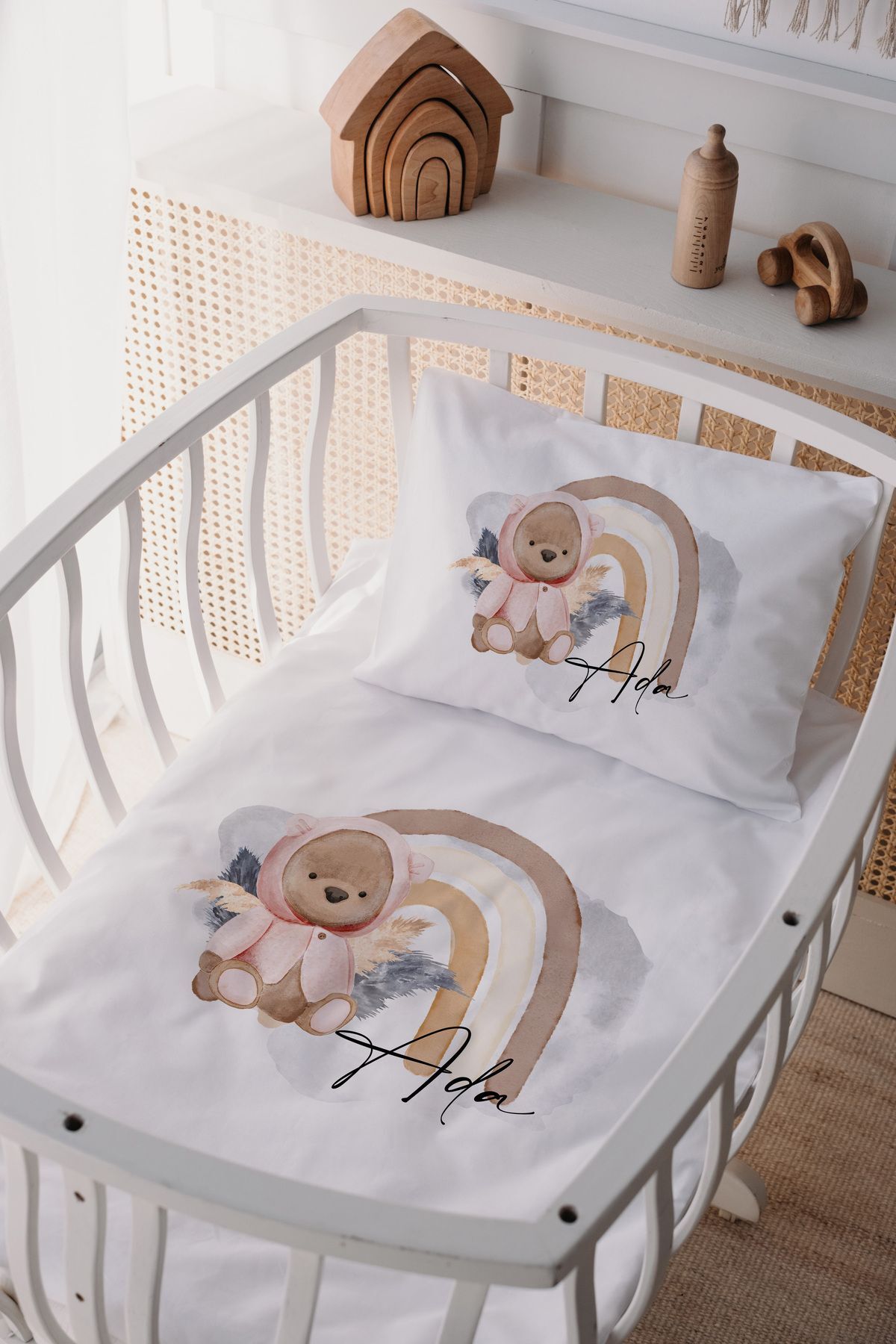 %100 Pamuk Saten Anne Yani Beşik Nevresim Takımı Ayıcık