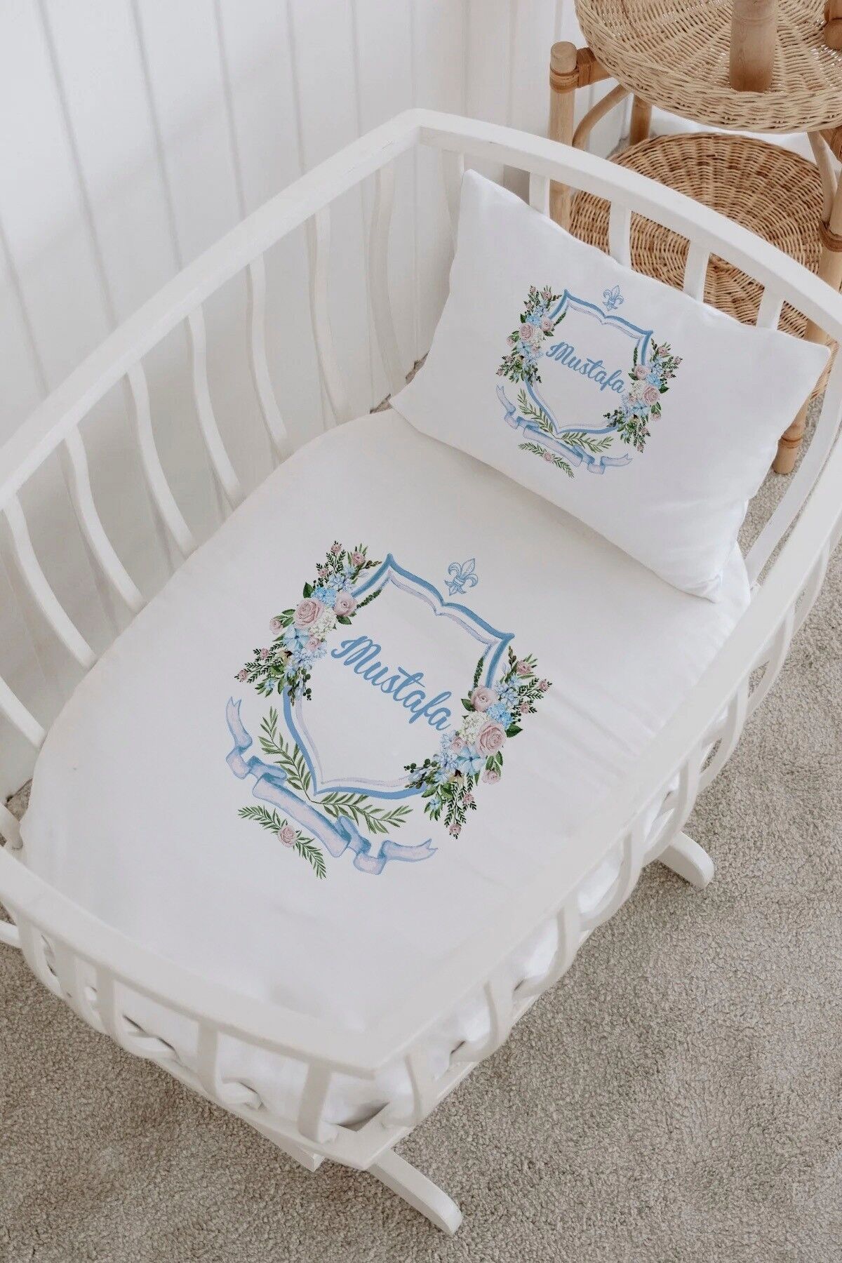 İsme Özel %100 Pamuk Park Yatak Çarşaf Seti  Mavi Çelenk