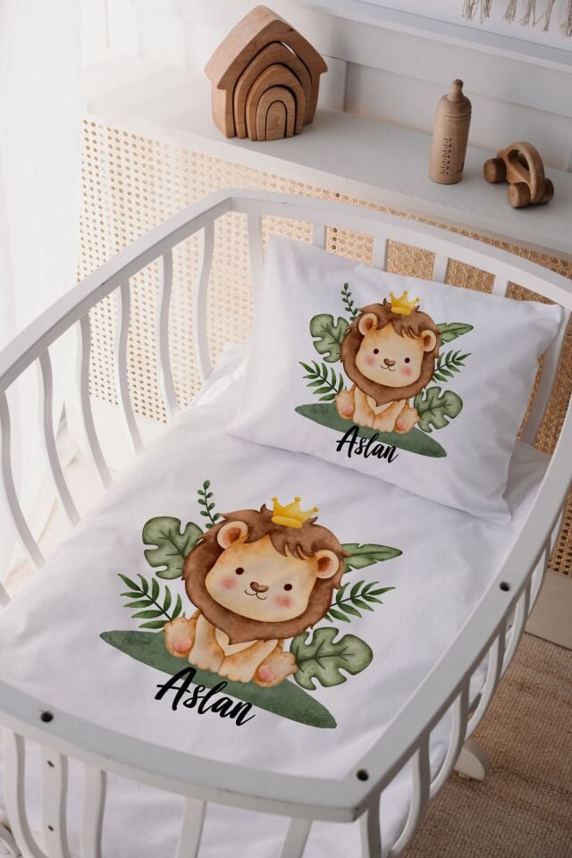 %100 Pamuk Saten Anne Yani Beşik Nevresim Takımı Aslan