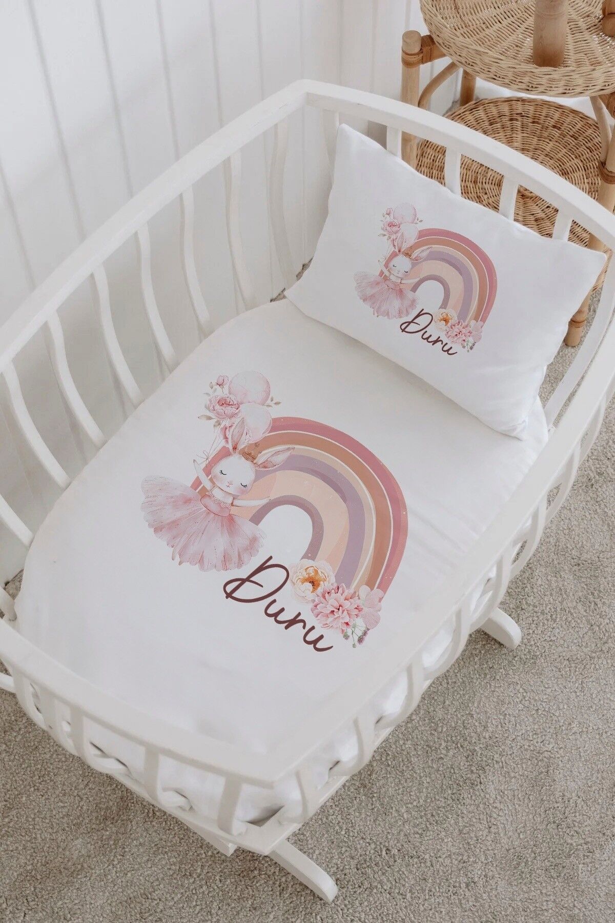 İsme Özel %100 Pamuk Park Yatak Çarşaf Seti  Balerin Tavşan