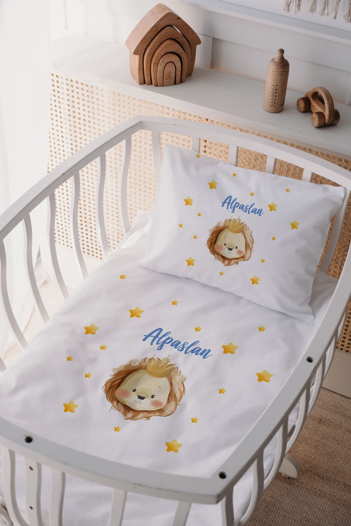 %100 Pamuk Saten Anne Yani Beşik Nevresim Takımı Aslan