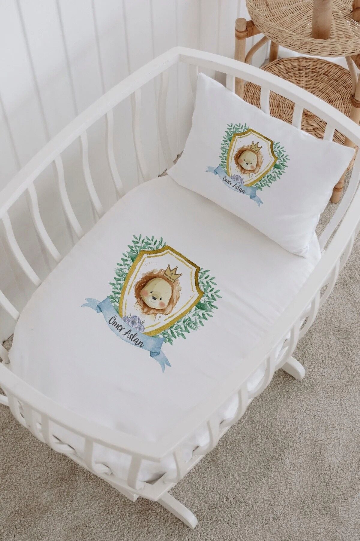 İsme Özel %100 Pamuk Park Yatak Çarşaf Seti  Aslan Çember