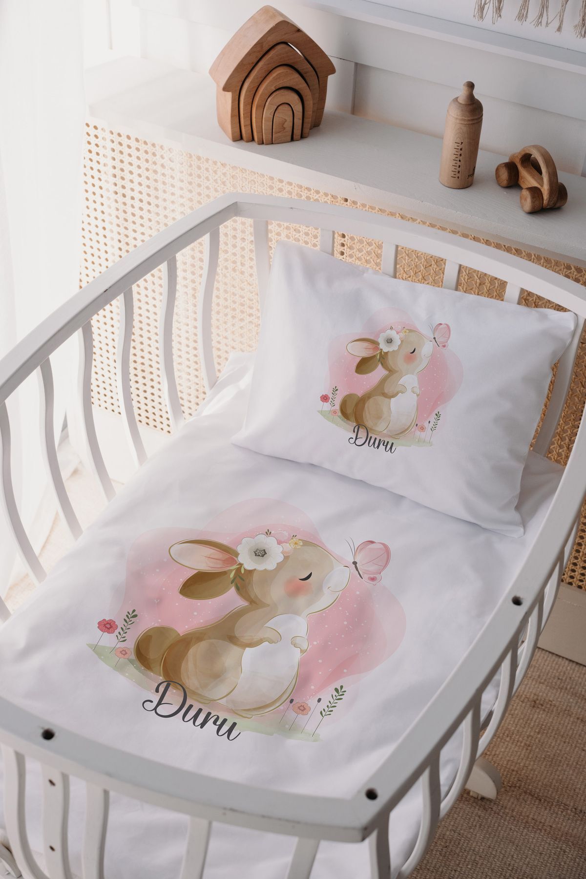 %100 Pamuk Saten Anne Yani Beşik Nevresim Takımı Tavşan