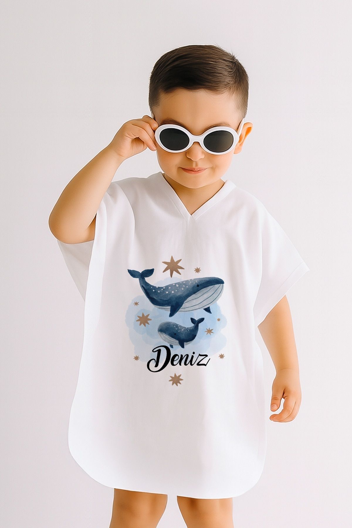 %100 Pamuk Müslin Kapüşonlu Bebek Çocuk Panço Bornoz Balina 5-6 Yaş - Krem
